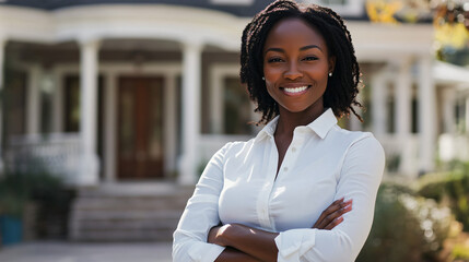 Successful african american real estate agent posing confidently in front of suburban house, exuding professionalism and business success with a smile