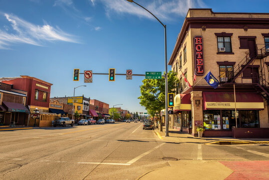 KALISPELL, MONTANA, USA - JULY 5, 2017 : Scenic street view with shops and hotels in Kalispell. Kalispell is the gateway to Glacier National Park.
