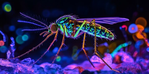 A neon green mosquito on a neon purple surface.