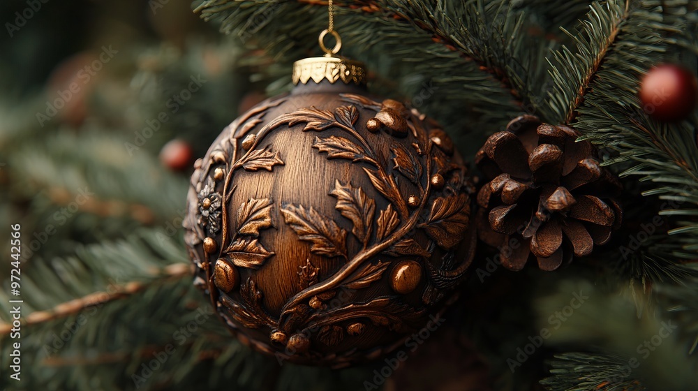 Canvas Prints Detailed texture of a wooden Christmas ornament, with rustic carvings and a natural wood grain finish. 4K hyperrealistic photo.