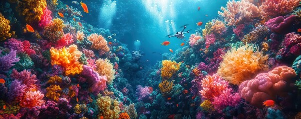 Vibrant underwater scene showcasing colorful coral reefs and diverse marine life in crystal-clear water.