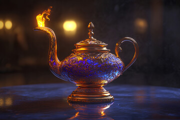 Naklejka premium A beautifully ornate teapot with flames emerging from the spout, suggesting magic or fantasy.