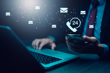 Nonstop Customer Service 24 hr concept. Business people working on laptop virtual 24-7 with the clock worldwide nonstop and full-time available contact of service concept