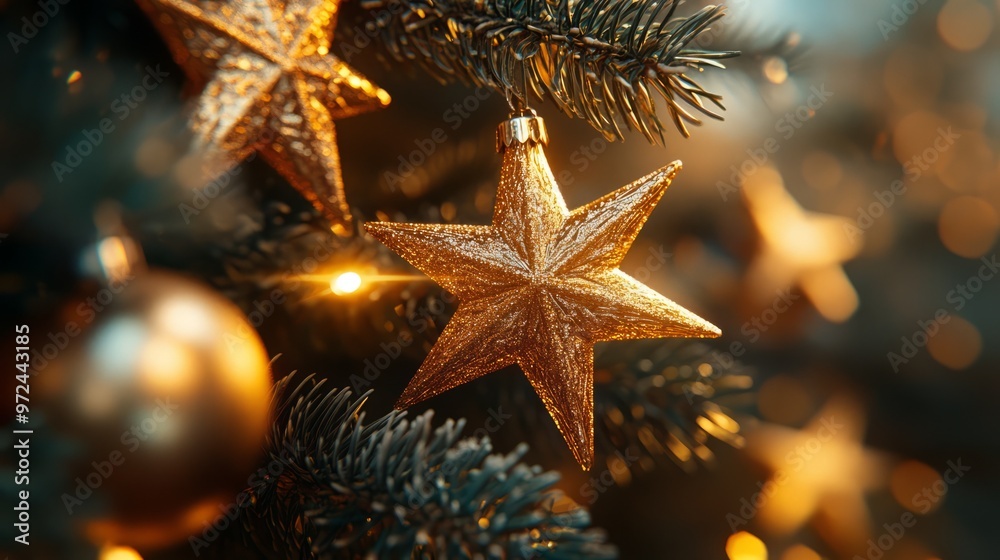 Poster Golden starburst ornaments catching the light on a beautifully decorated Christmas tree, each starburst radiating with warmth and elegance. 4K hyperrealistic photo.