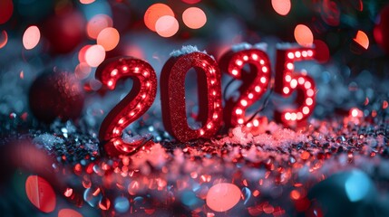 Glowing red "2025" lights illuminate festive New Year decorations in a snowy setting. The vibrant scene features sparkling bokeh and a holiday atmosphere