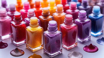 Nail polish. Bottles of colored nail polish, some of them leaking. Beauty industry