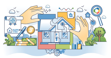 Fractional real estate as shared property ownership outline concept, transparent background. Investment to mitigate the risk of ownership and share profit of rent or mortgage illustration.