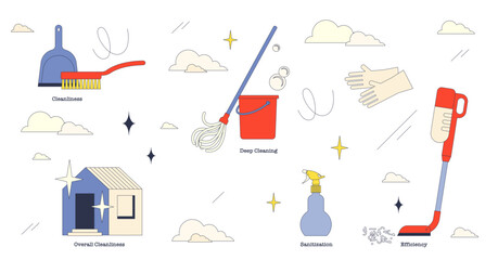 Home cleaning services for perfect hygiene tiny neubrutalism collection, transparent background. Labeled elements with professional house sanitary service.