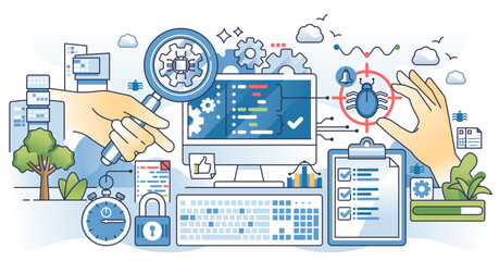 Functional testing and examining bugs in app system outline hands concept, transparent background. Programming and coding problem prevention using code check, analysis and audit illustration.