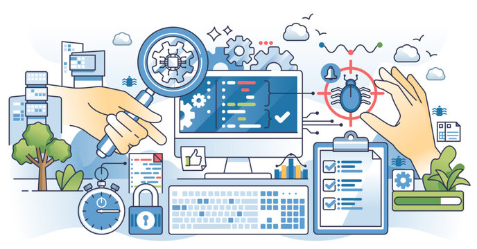 Functional testing and examining bugs in app system outline hands concept, transparent background. Programming and coding problem prevention using code check, analysis and audit illustration.