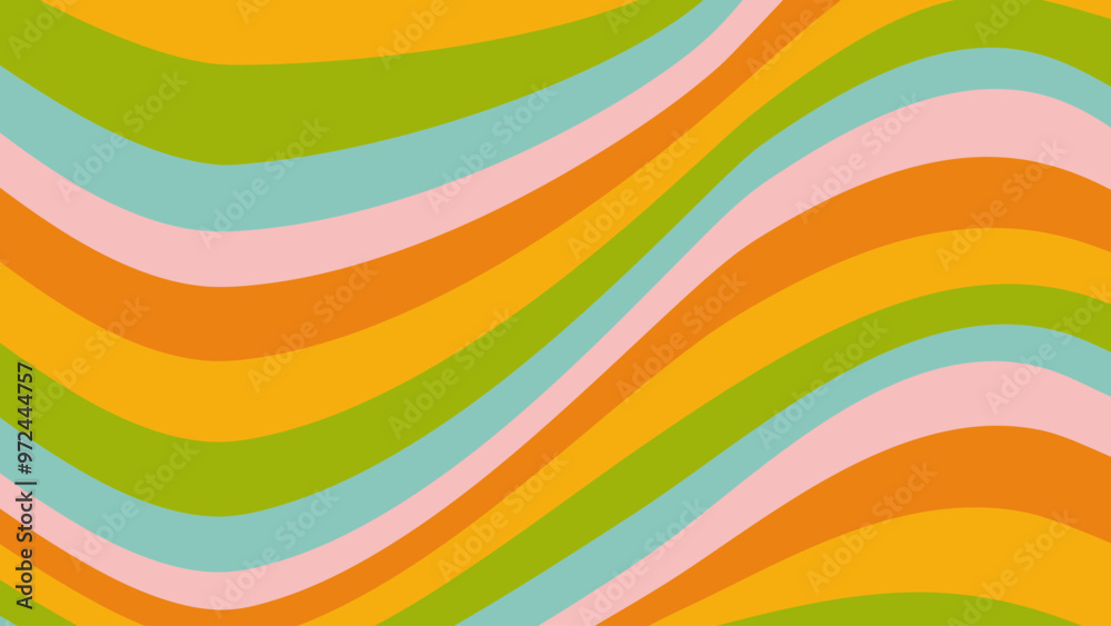 Wall mural abstract background of psychedelic groovy wavy line design in 1970s hippie retro style. vector patte