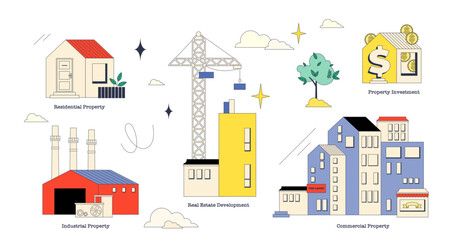 Real estate and property classification neubrutalism collection, transparent background. Labeled elements with residential, industrial and commercial properties illustration.
