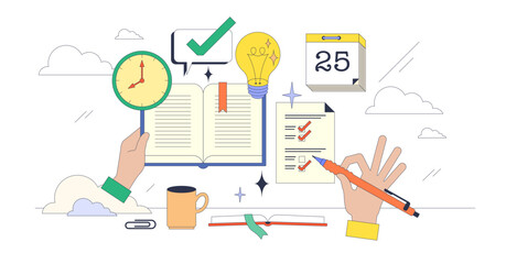 Study habits for effective and productive work tiny neubrutalism concept, transparent background. Strategy for focused education process without distractions illustration.