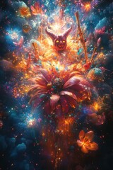 Fototapeta premium Abstract cosmic explosion with celestial colors and surreal floral patterns in vibrant composition