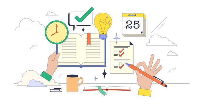 Study habits for effective and productive work tiny neubrutalism concept, transparent background. Strategy for focused education process without distractions illustration.