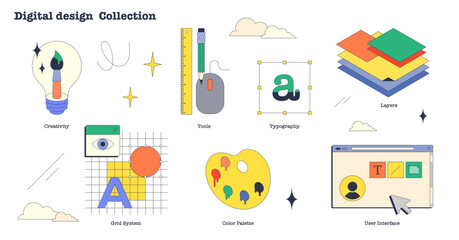 Digital design and web graphic creation tiny neubrutalism collection set, transparent background. Labeled elements with visual material drawing using creativity, tools.