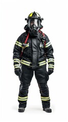 Male rescuer, firefighter in protective suit in full length holding helmet in hands isolated on white background
