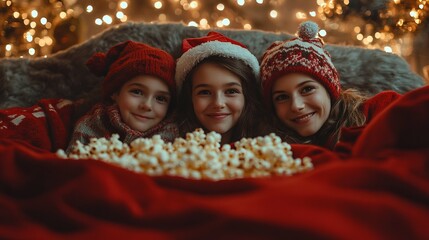 Family enjoying a Christmas movie marathon, snuggled together under blankets with popcorn and holiday snacks. 4K hyperrealistic photo.
