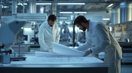 Naklejka premium Engineers Reviewing Blueprints in a Modern Factory