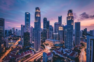 Naklejka premium Modern Skyscrapers Reflecting Vibrant Sunset in Urban Landscape