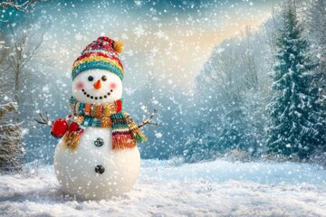 Fototapeta premium A cheerful snowman stands in a winter wonderland. Snowflakes gently fall around it. The scene is vibrant and joyous. Perfect for winter holidays and festive themes. Generative AI