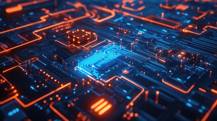 Close-up of a glowing blue and orange circuit board with intricate patterns and lines.
