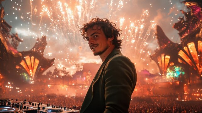 Dj performing at a lively music festival scene.