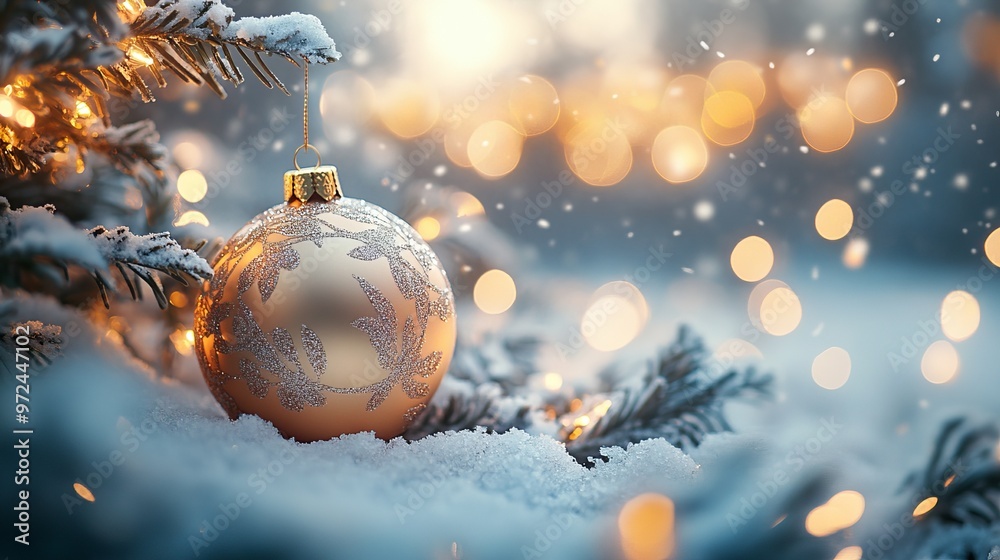 Poster Mockup of a blank holiday ornament on a snow-covered tree branch, with twinkling lights and a warm glow in the background, perfect for winter decoration designs. 4K hyperrealistic photo.