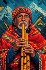 Obraz premium Senior indigenous man playing traditional flute with colorful shawl in mountainous region