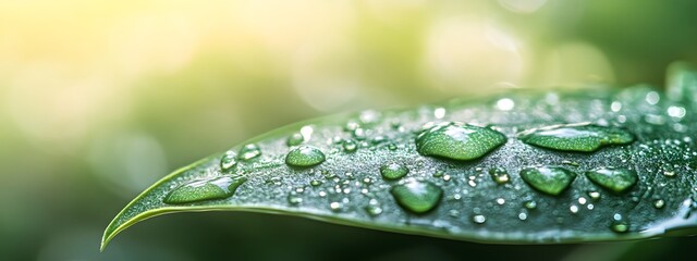 A close-up of water droplets on the edge of an emerald green leaf, reflecting light and creating a...