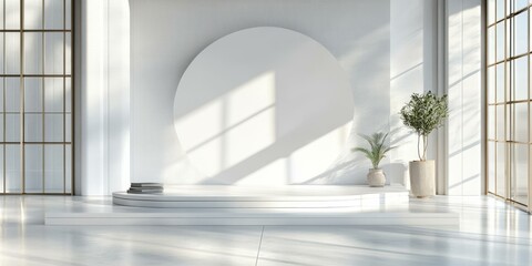White room with plants, platform, and round window.