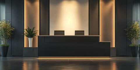 Modern office reception desk with plants and lighting.