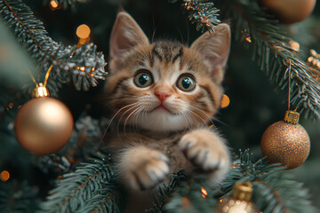 A mischievous kitten climbing up a Christmas tree,