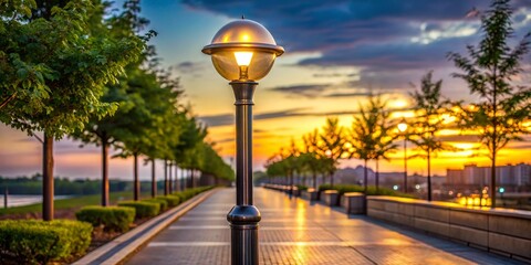 A sleek, modern metal lamp post stands tall on a pedestrian walkway, its slender stem supporting a...