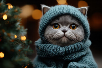 A chubby British Shorthair dressed in a tiny elf costume,