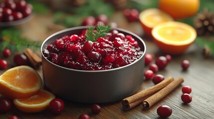 Preparing Christmas cranberry sauce in a saucepan, with fresh cranberries, oranges, and cinnamon sticks on the side. 4K hyperrealistic photo.