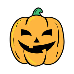 A pumpkin lantern, Halloween symbol and traditional sign. Sticker with carved Jack O Lantern. Vector illustration.