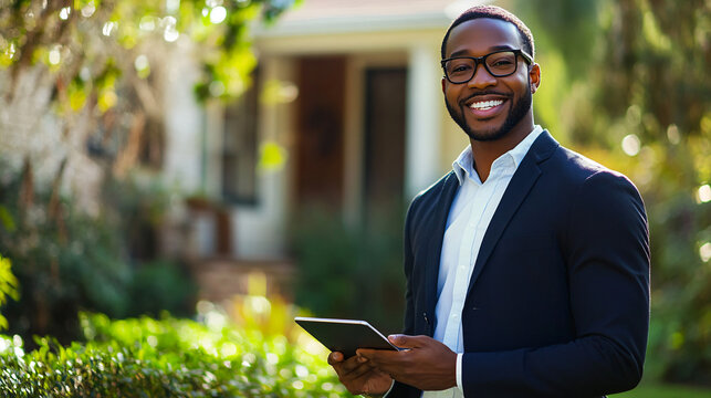 Confident african american realtor smiling with tablet in front of house in sunny neighborhood, ready to help with real estate needs