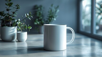 Clean white ceramic coffee mug with a modern design positioned on a bright white background focusing on simplicity and elegance