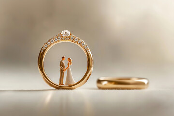 Bride and groom figurines inside the weeding ring, macro shot. Wedding ceremony concept. Wedding couple with golden ring as a symbol of forever love, togetherness, commitment. Save the date card