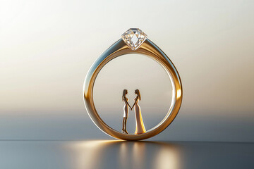 Two brides inside the weeding ring, topper figures. Wedding ceremony and lgbt concept, women in love. Lesbian wedding couple with golden ring as a symbol of forever love, togetherness, commitment.