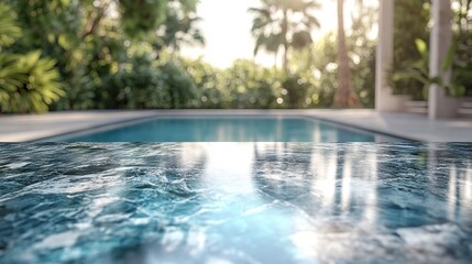 Empty marble table in front with blurred background of swimming pool