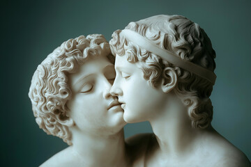 Gay couple ancient marble sculptures on pastel background. Greek gay sculpture, lgbt concept. Two...