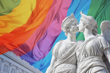 Lesbian couple ancient marble sculptures on lgbt flag background. Greek lesbian sculpture. Two women in love. Romantic loving embracing couple, valentine's day, endless love, LGBTQ+ movement, pride