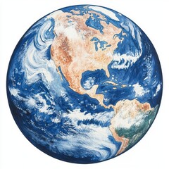 The blue and green terrestrial globe on the black base is an abstract water color graphic drawing on a white background. Clipart emblem on the right side of the globe can be used for decoration and