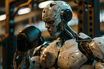 Fototapeta premium Robot cyborg humanoid helper in activities of daily life routine living with people, Generative AI