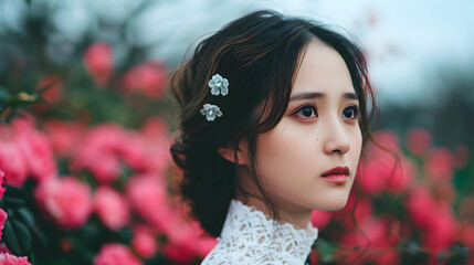 Naklejka premium Young Chinese Model Historic Garden Pavilion