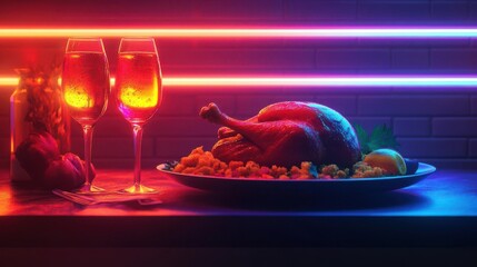 A beautifully arranged dinner scene featuring a roasted turkey and sparkling drinks, illuminated by vibrant neon lights.