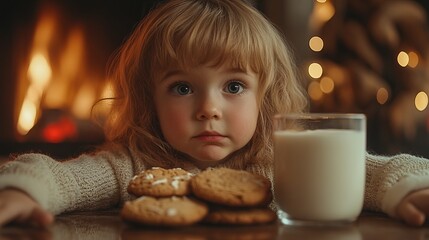 Naklejka premium Child carefully placing cookies and milk by the fireplace for Santa, their face full of excitement and anticipation. 4K hyperrealistic photo.