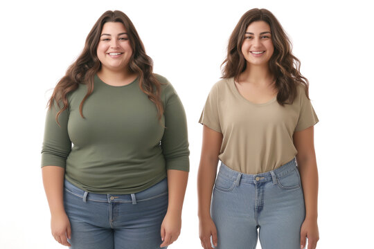 Woman posing before and after weight loss. Diet and healthy nutrition. Fitness results, get fit. Liposuction results, plastic surgery. Transformation from fat to athlete. Overweight and slim, training